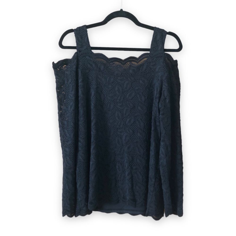 Chico's Black Lace Cold-Shoulder Top Scalloped NWT Size Large Chico's 2 Goth
